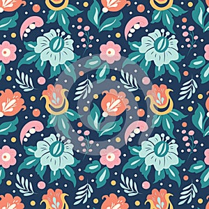 Vector seamless pattern with different flowers, leaves, berries on a blue background. pattern for printing on fabric, clothing, w